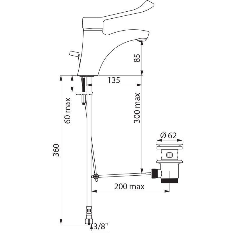 Delabie EHM f. WT, H85 L135 mm,Zugstangenablaufgarnitur,Hygienehebel