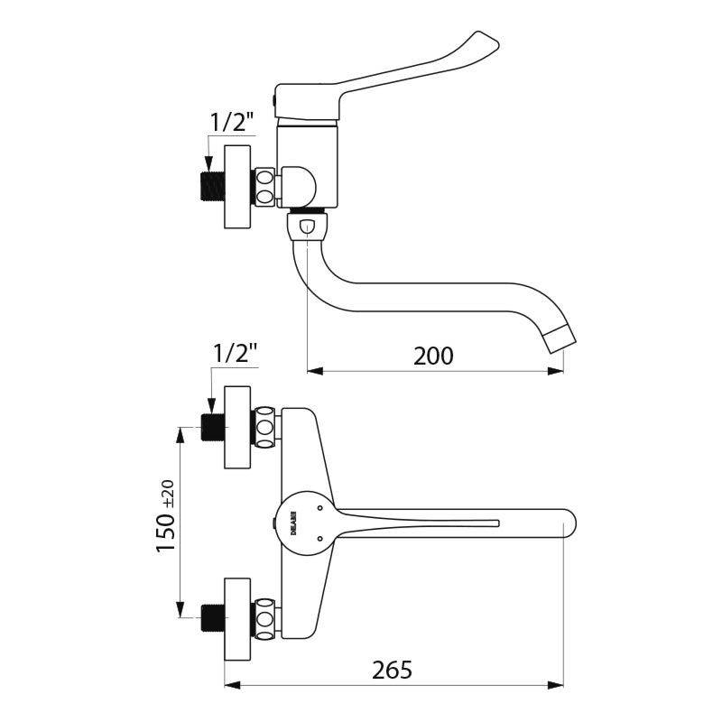 Delabie EHM W.-Mont.,Stdd-Anschl., Hygienehebel, Schwenkausl. L200mm