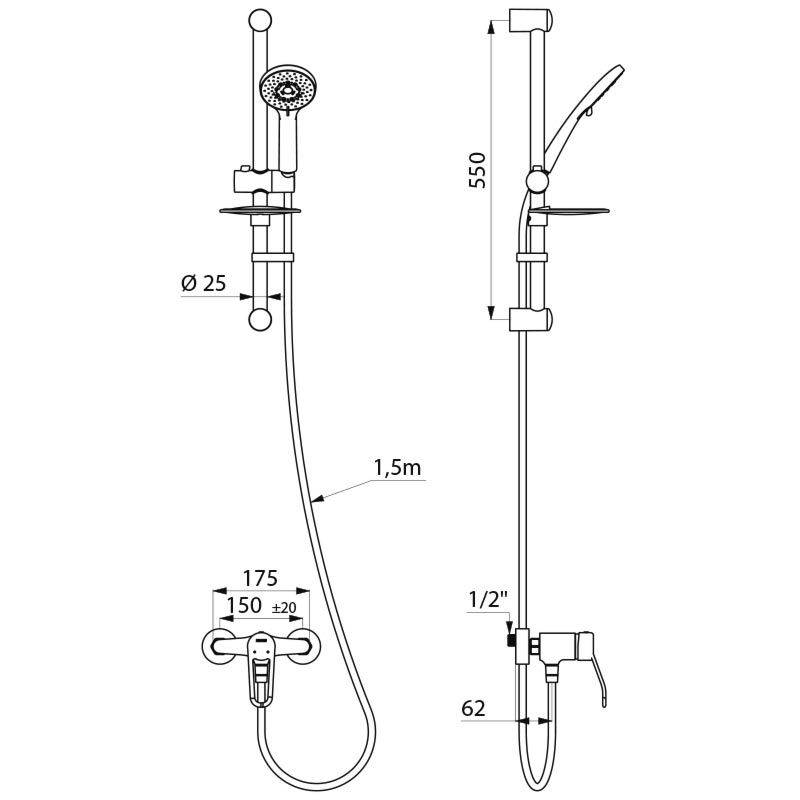 Système de douche Delabie avec mitigeur monocommande 2539EPS, raccords en S standard