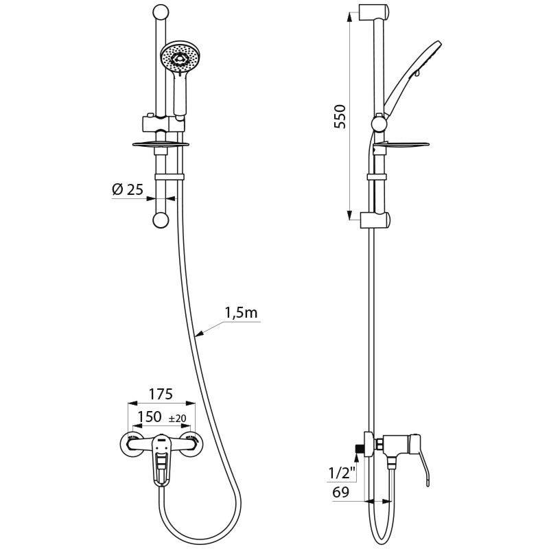 Delabie Duschsystem mit Einhebelmischer 2539,S-Anschlüsse STOP/CHECK