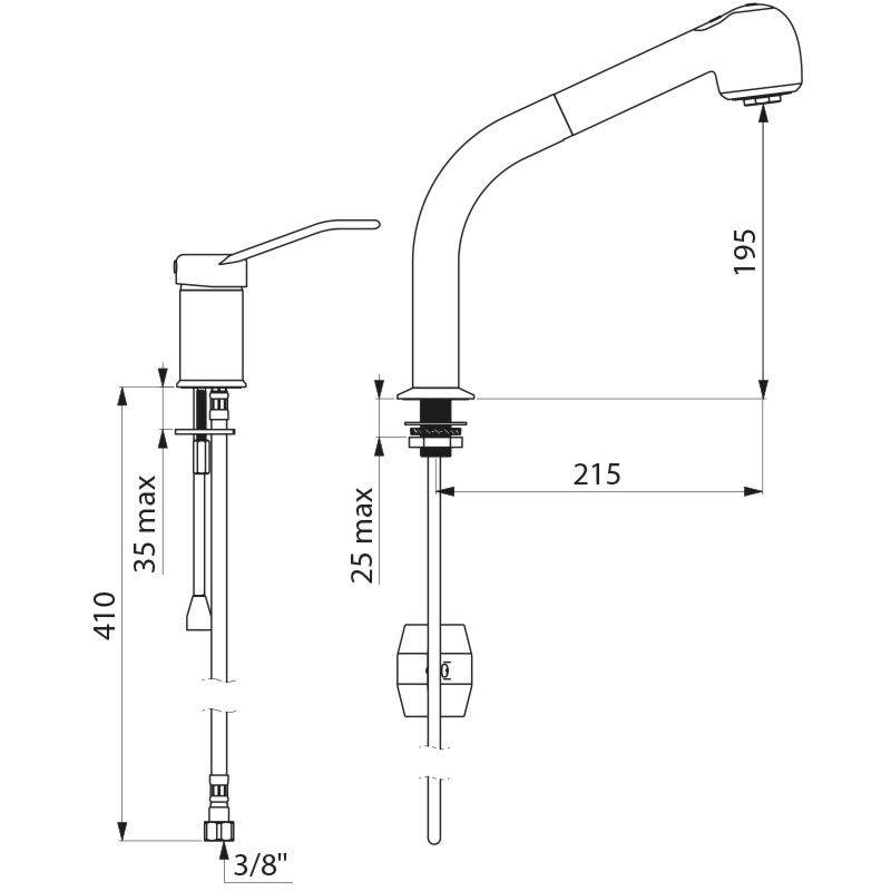 Delabie SPT-EHM EP mit Auszugbrause auf Säule H195mm, Bügelgriff