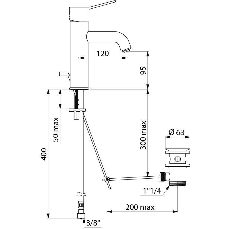 Delabie EHM für WT H.95 L.120, Zugstangenablaufgarnitur, Bedienhebel