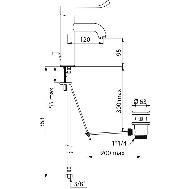 Delabie EHM pour lavabo EP BIOCLIP H.95 L.120, levier hygiène, sans robinet d'arrêt préalable