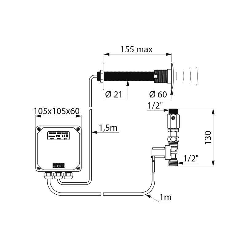 Delabie UR-Spülarmatur TEMPOMATIC G1/2B Hw.-Mont.155 f. Feststrom 12V