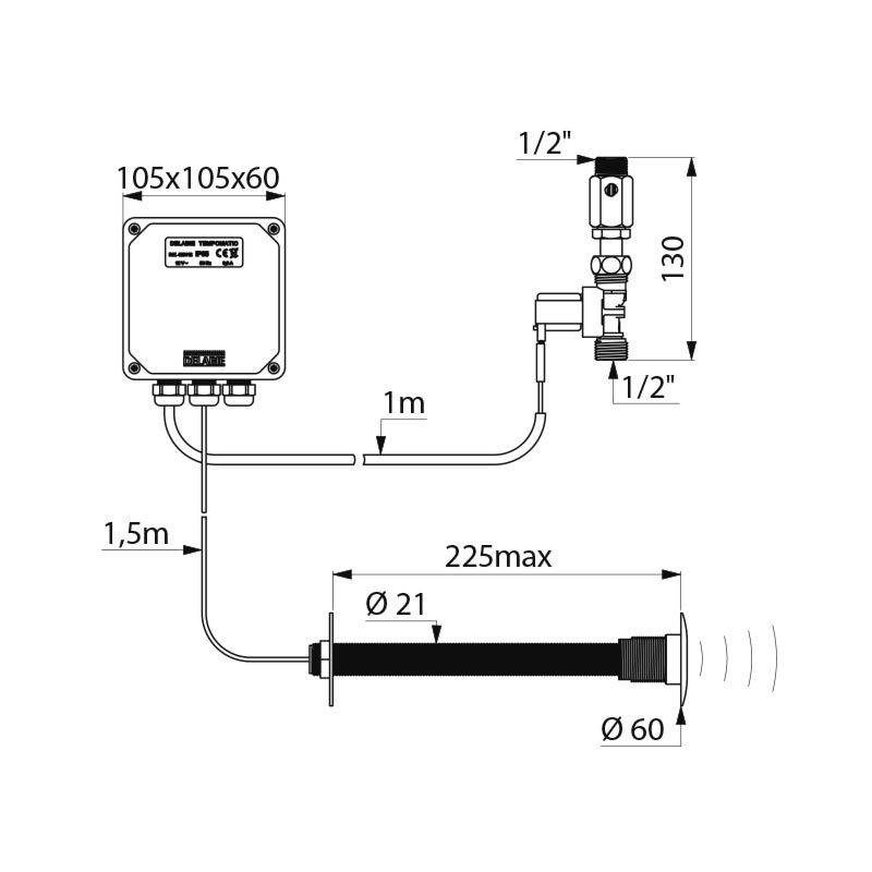 Delabie UR-Spülarmatur TEMPOMATIC G1/2B Hw.-Mont.225 f. Feststrom 12V