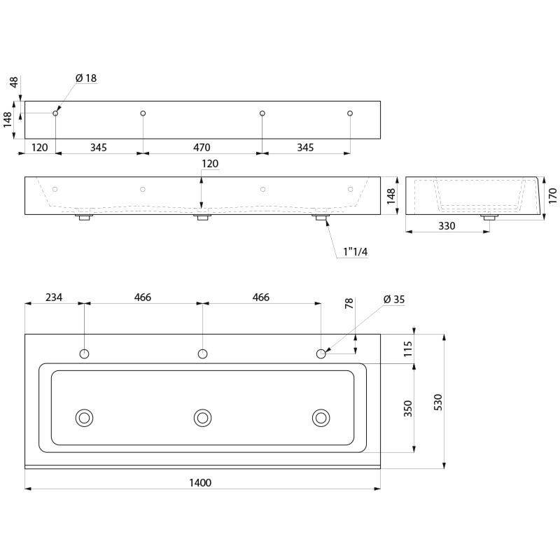 Delabie Kita Waschrinne MINERALCAST wandh. L1400 3 Pl. Hl. D35mm mi.