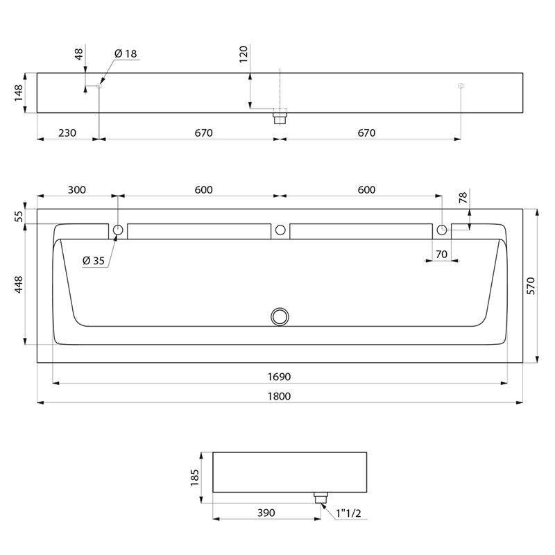 Delabie Waschrinne MINERALCAST wandh. L 1800 3 Plätze Hl. D35 mm mi.