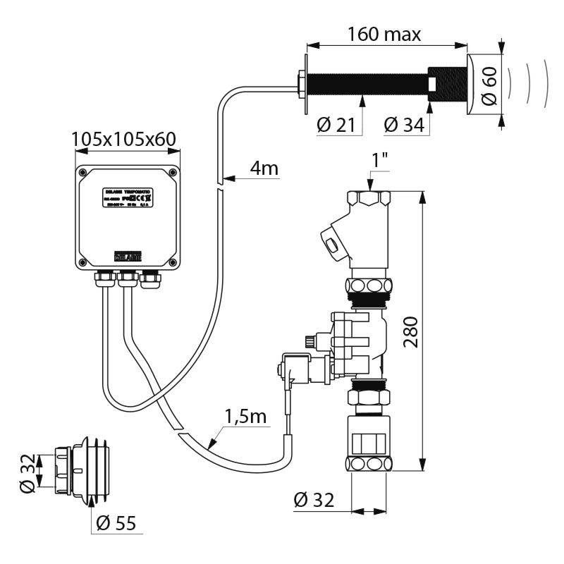 Delabie WC-Spülarmatur TEMPOMATIC G1B Hw.-Mont.160mm Feststr. 230/12V