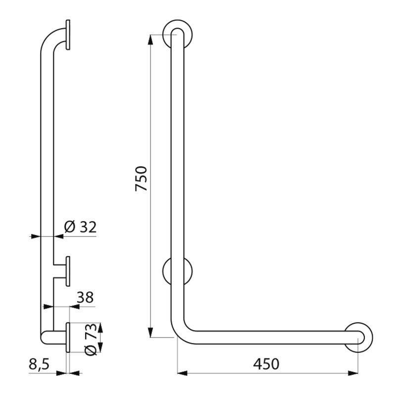 Delabie Handlauf L-Form D32 H750mm Nylon weiß