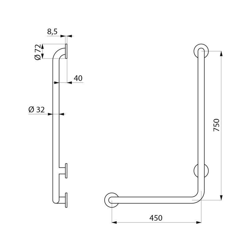 Delabie Handlauf L-Form (links) D32 H750mm Edst. sat.