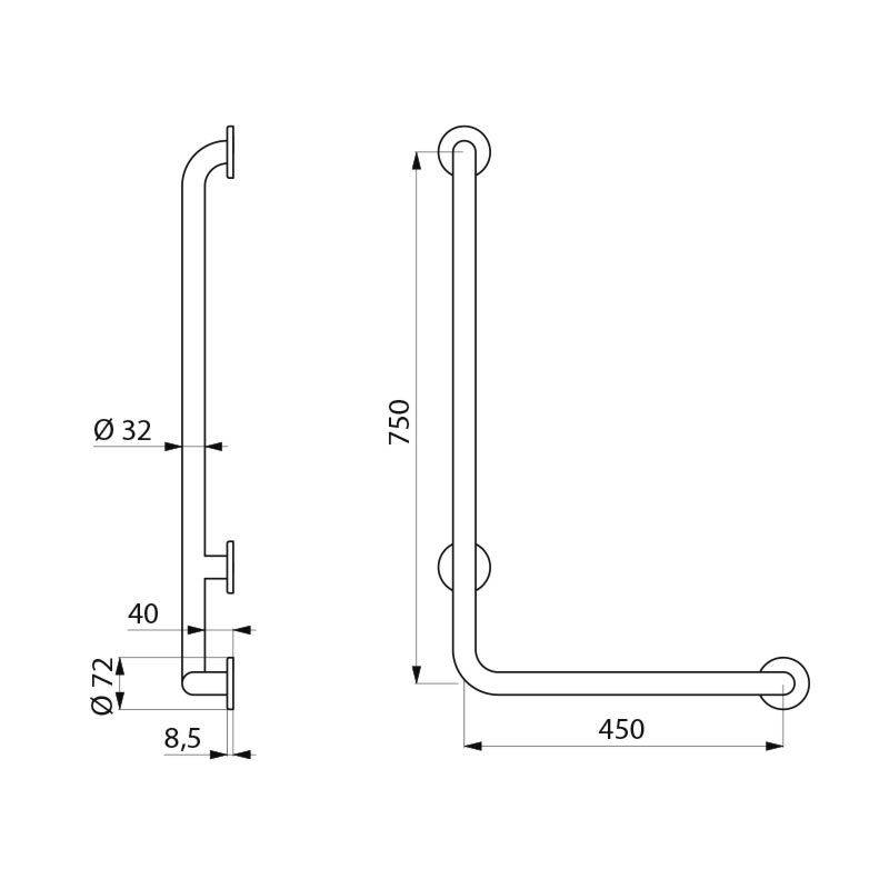 Delabie Handlauf L-Form (rechts) D32 H750mm Edst. hgl.pol.