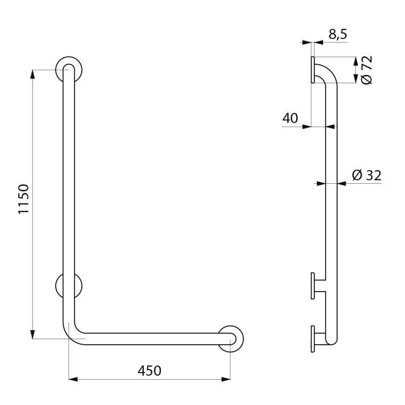 Delabie Handlauf L-Form (rechts) D32 H1150mm Edst. hgl.pol.