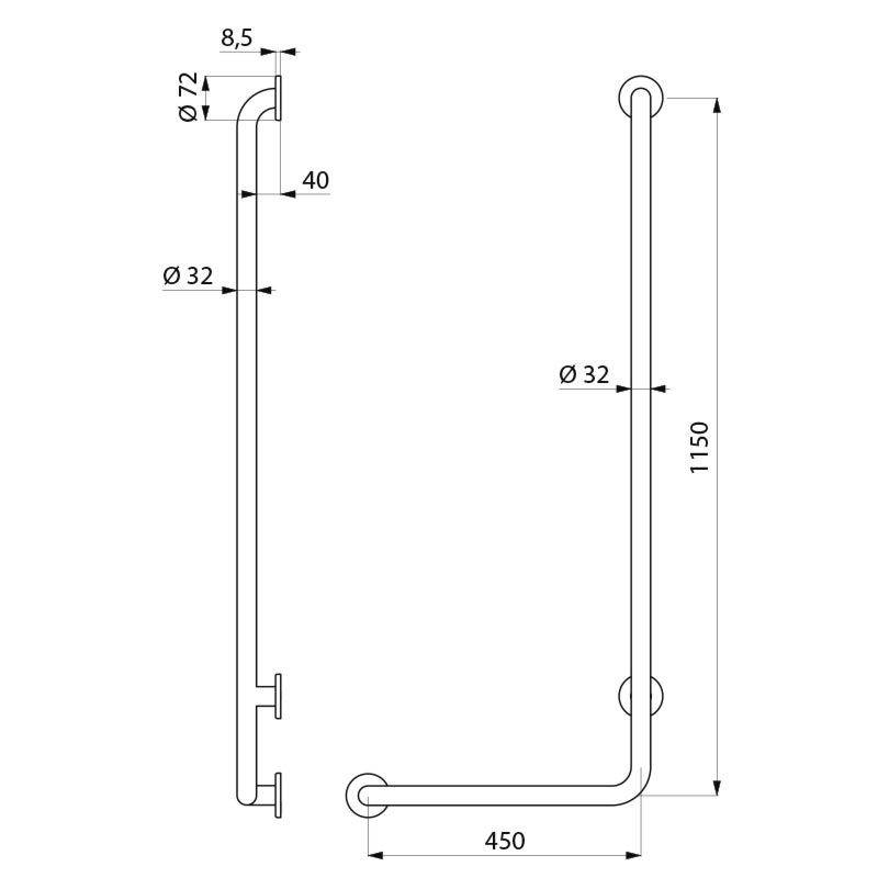 Delabie Handlauf L-Form (links) D32 H1150mm Edst. hgl.pol.