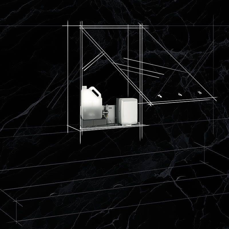 Stilisierte 3D-Darstellung einer kleinen Industriemaschine oder eines Kraftstoffsystems in einer Drahtgitterbox auf dunklem Hintergrund, mit weißen geometrischen Linien und Gitterakzenten.