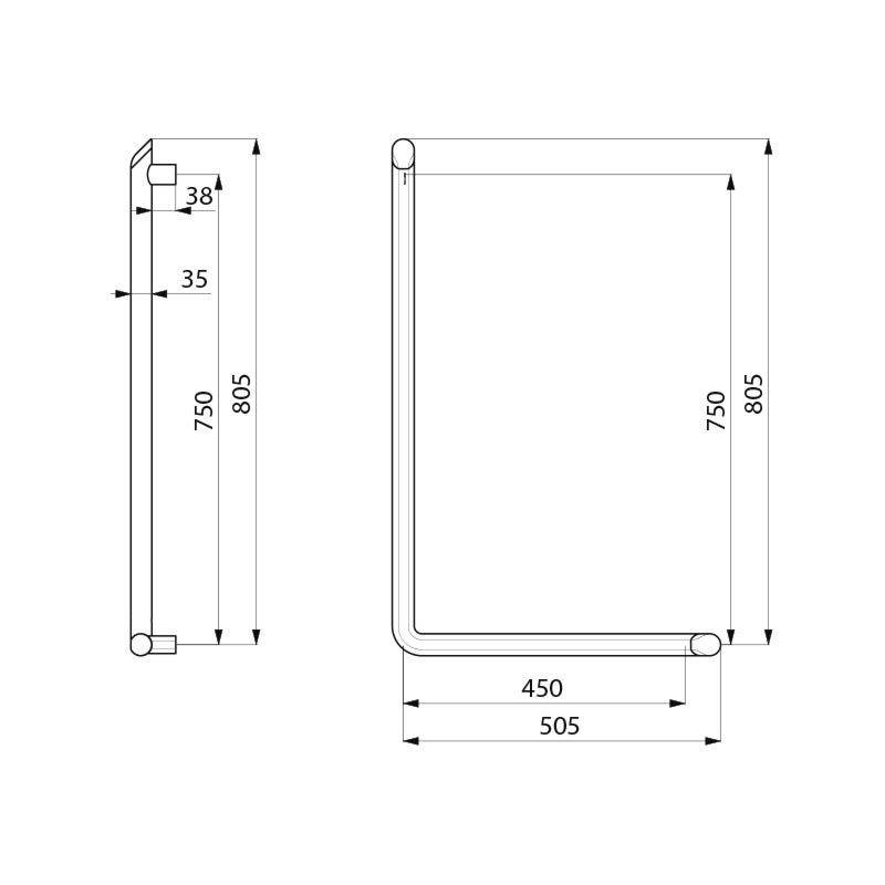 Delabie Handlauf L-Form Be-Line D35 H.750 Aluminium matt schwarz