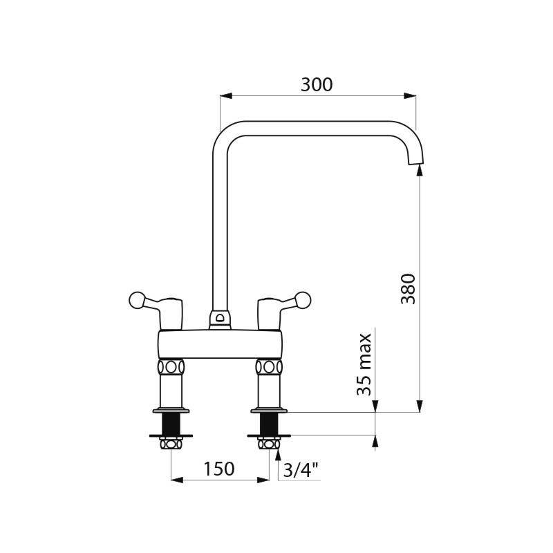 Delabie Stand MBatt. 2-Lochbrg. 100l/min,Schwenkausl.D22 L300 H380mm