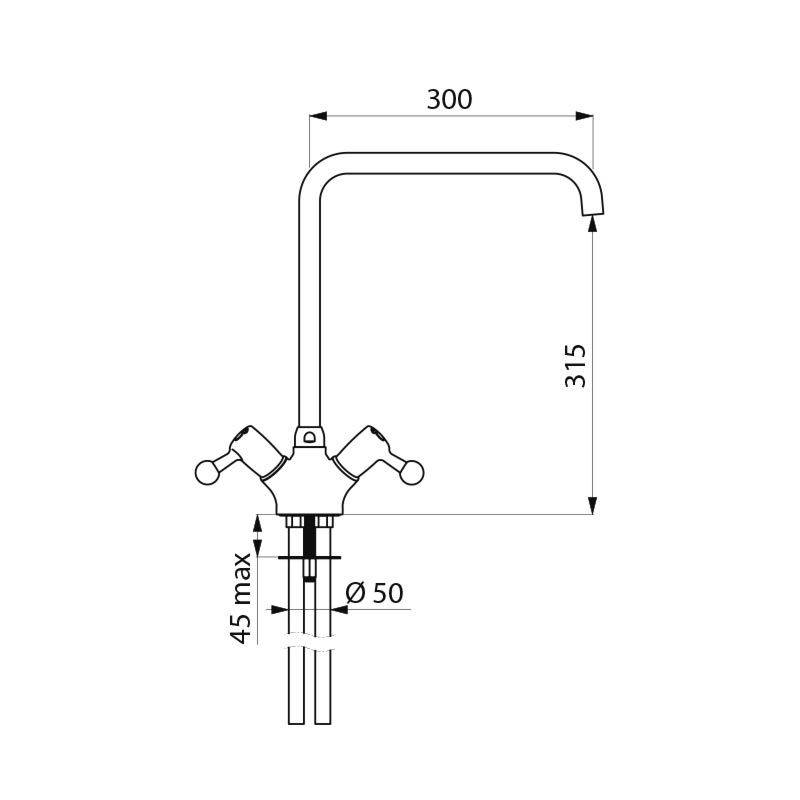 Delabie Stand MBatt. 1-Lochbrg. 100l/min,Schwenkausl.D22 L300 H315mm