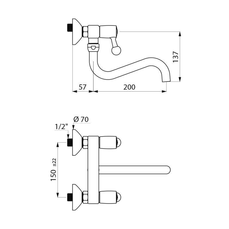 Delabie Wand Zweigriffarm.60l/min,Schwenkausl. unten D22 L200