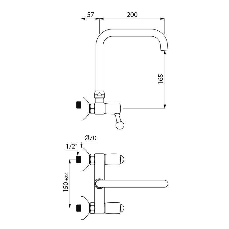 Delabie Wand Zweigriffarm. 60l/min,Schwenkausl. oben D22 L200