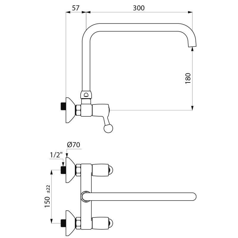 Delabie Wand Zweigriffarm. 60l/min,Schwenkausl. oben D22 L300