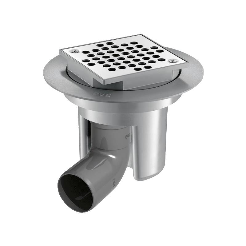 Delabie Rohfußboden-Ablauf 100x100 H verstellb.,Anschl-Bog. hori. D50