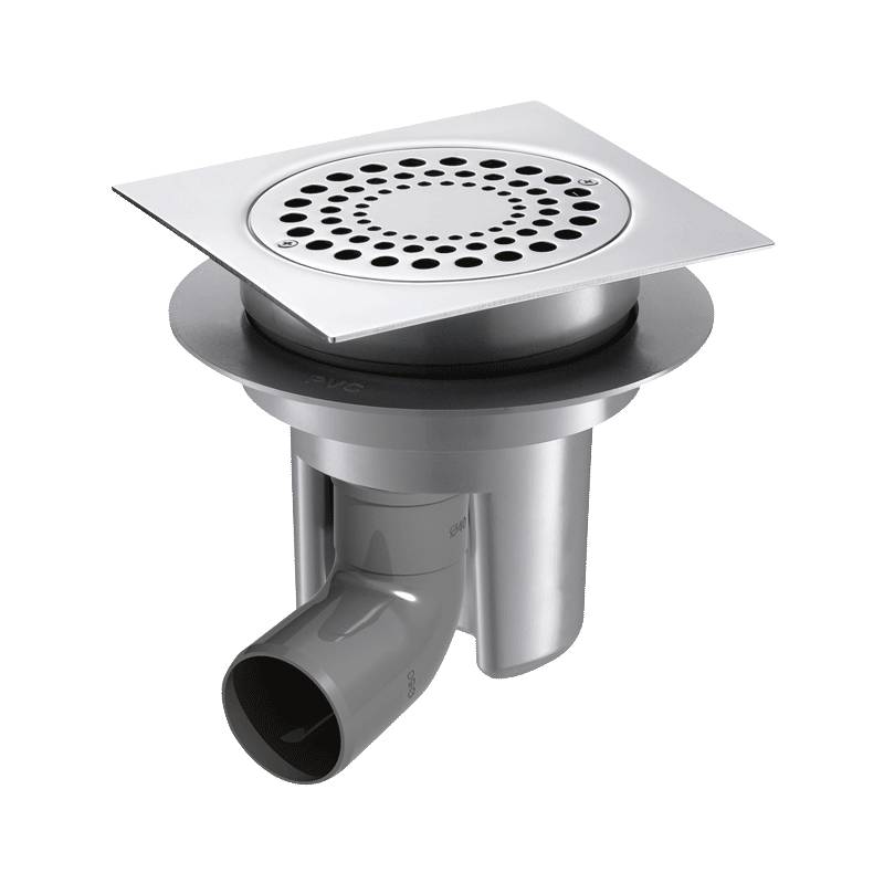 Delabie Vidange de sol brut 150x150 H réglable, coude de raccordement horizontal D50