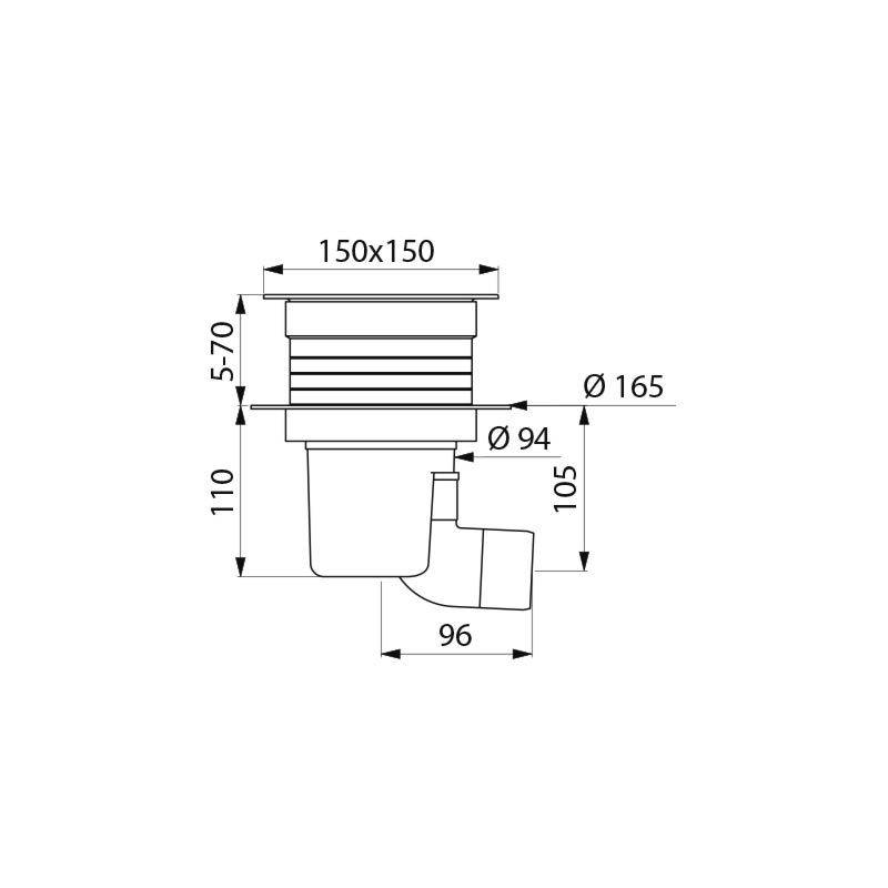 Delabie Vidange de sol brut 150x150 H réglable, coude de raccordement horizontal D50