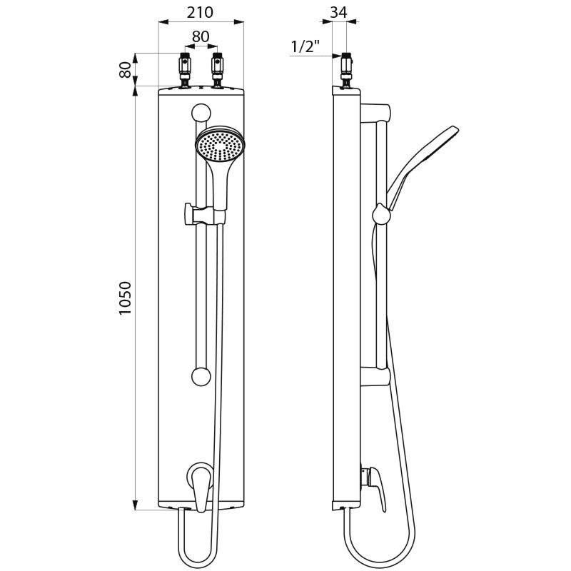 Delabie Duschelement Alu. mit EHM, Anschluss oben, mit Handbrause