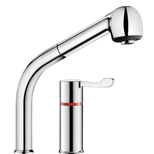 Delabie WT-Therm. SECURITHERM mit Auszugbrause auf Säule Delabie WT-Therm. SECURITHERM mit Auszugbrause auf Säule