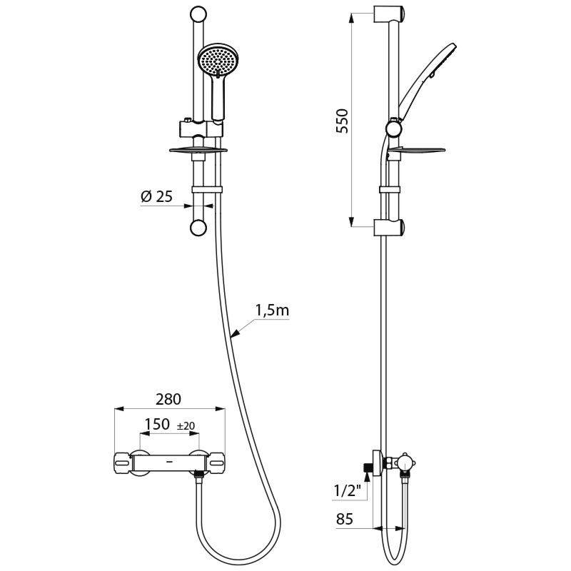 Delabie Duschsystem mit Brausethermostat H9739, STOP/CHECK-Anschl.