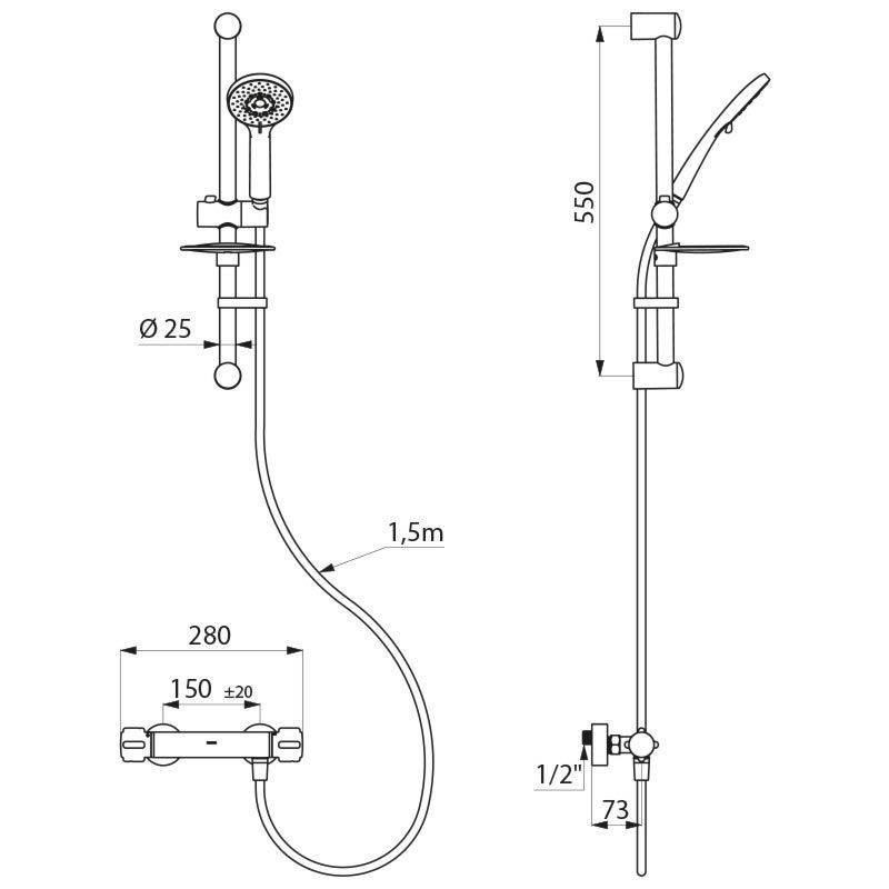 Delabie Duschsystem mit Brausethermostat H9739S, Standard-Anschlüsse