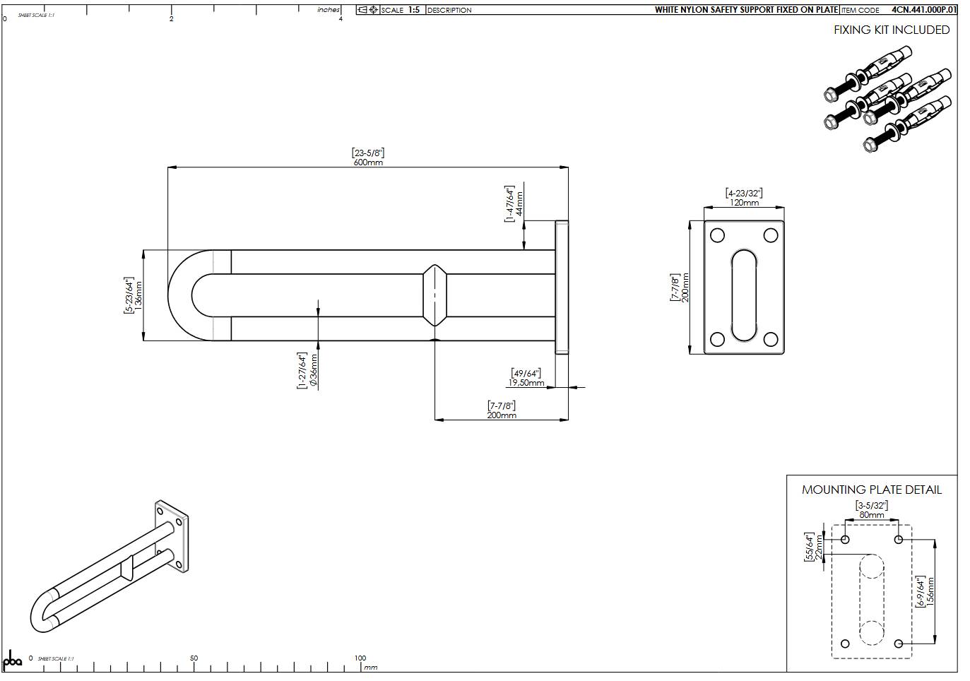 pba 01 Wandstützgriff feststehend 600mm, Wandplatte aus Nylon