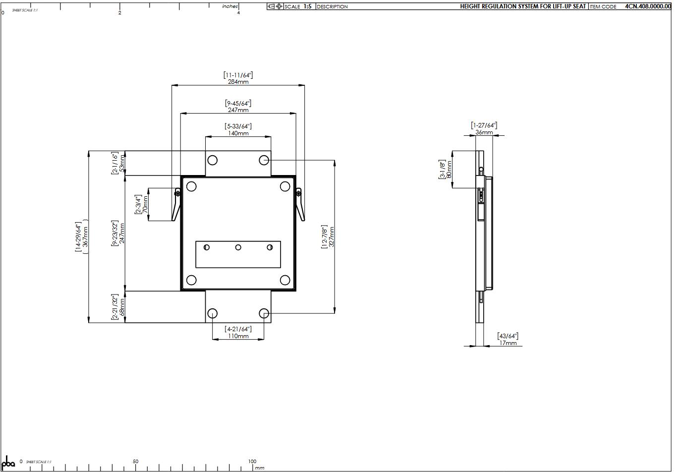 pba Wandplatte aus Nylon für Klappsitze, höhenverstellbar, 367x280mm