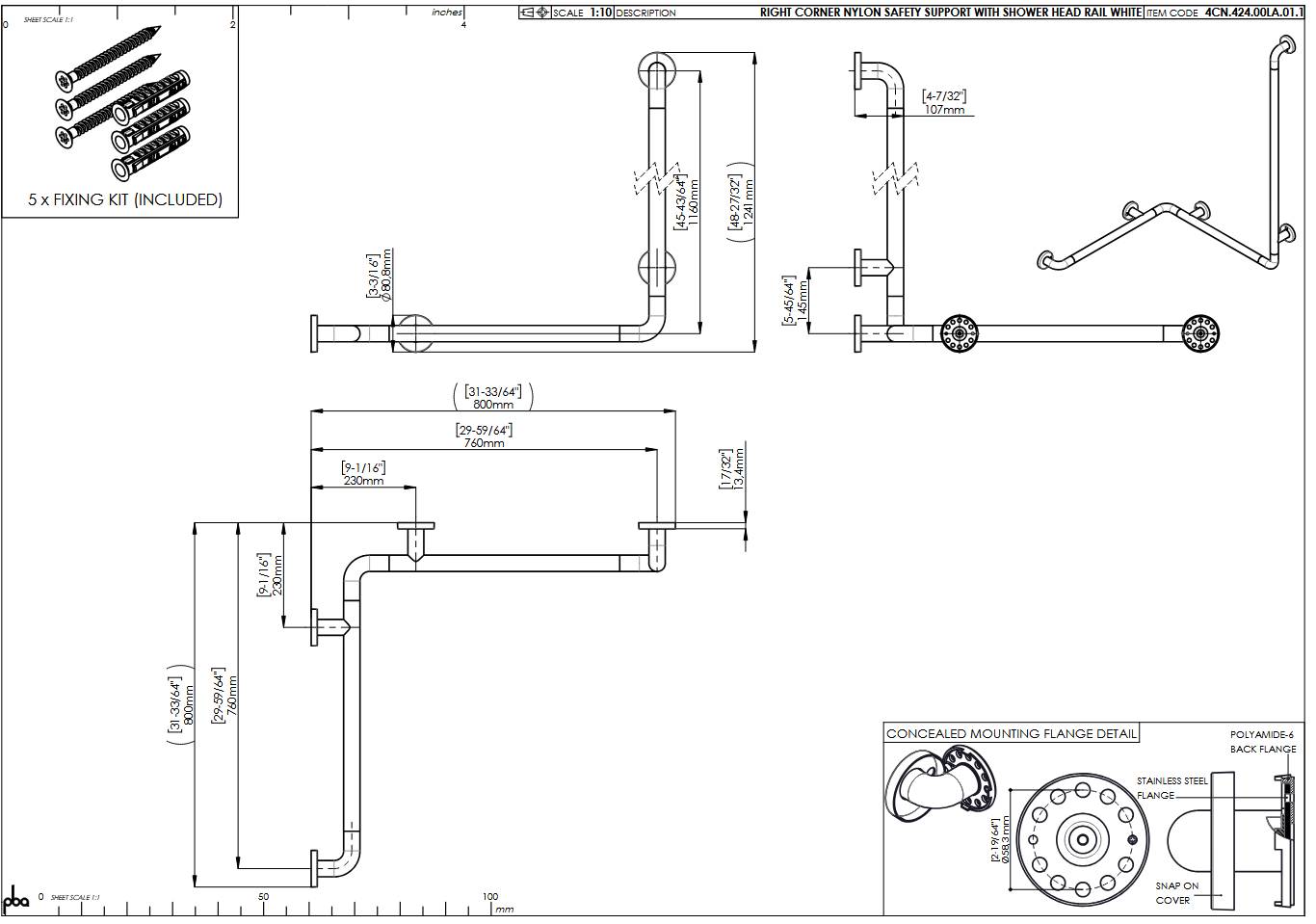 pba 01 Duschhandlauf rechts 760x760mm, aus Nylon, mit Brausehalterstange 1160mm