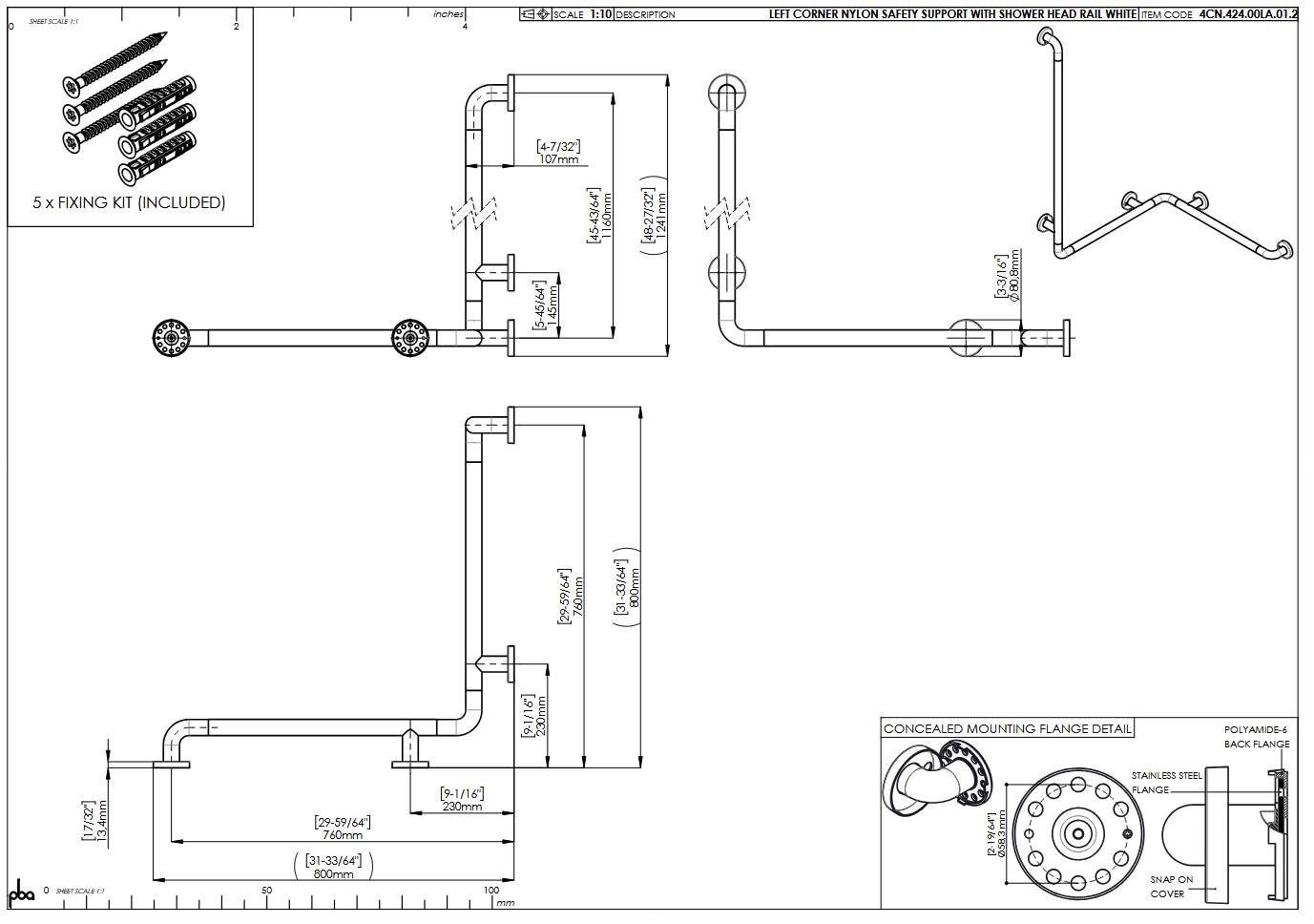 pba 01 Duschhandlauf links 760x760mm, aus Nylon, mit Brausehalterstange 1160mm