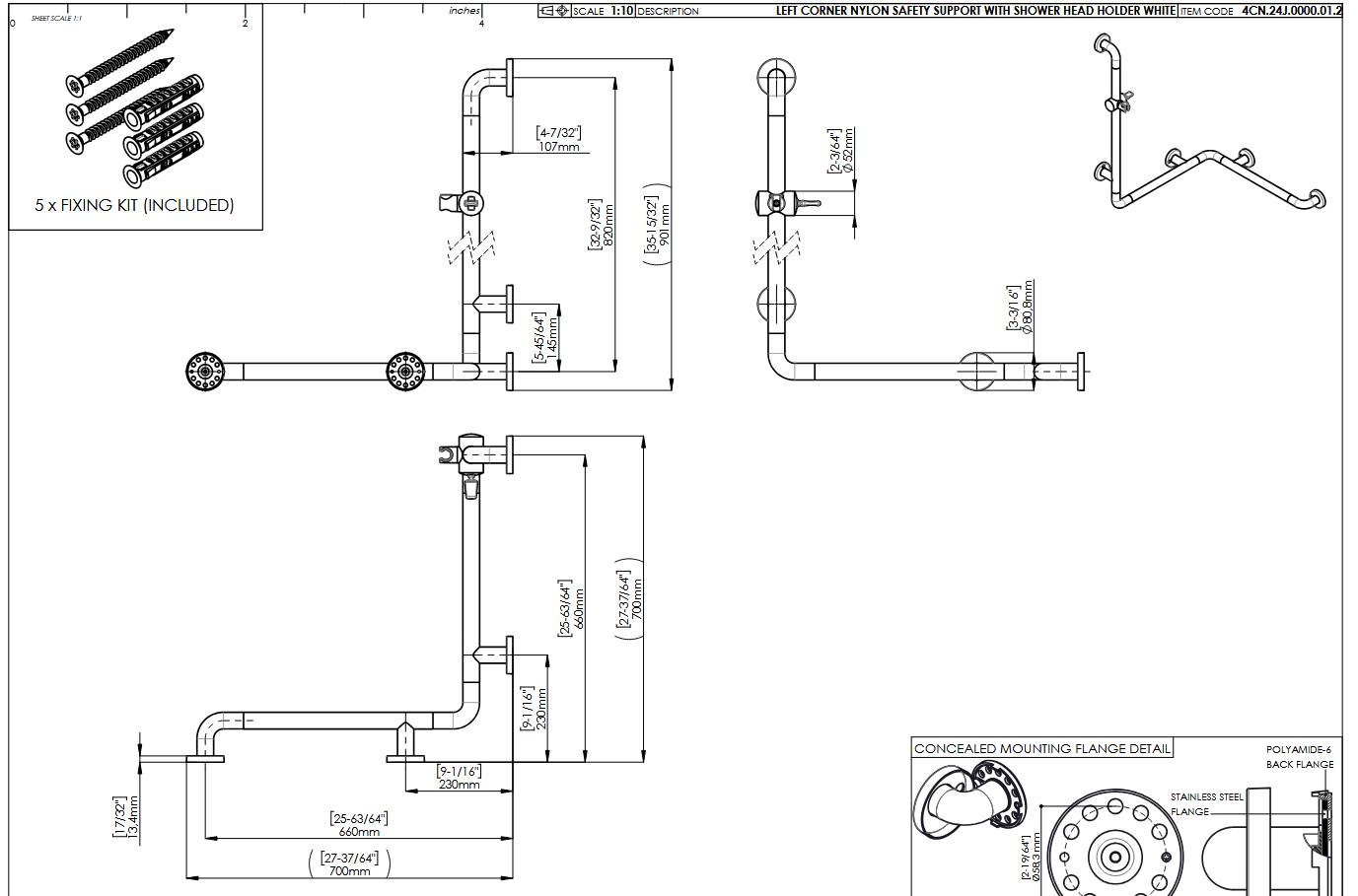 pba 01 Duschhandlauf, L BH 660x660x820, und Brausehalterstange, aus Nylon