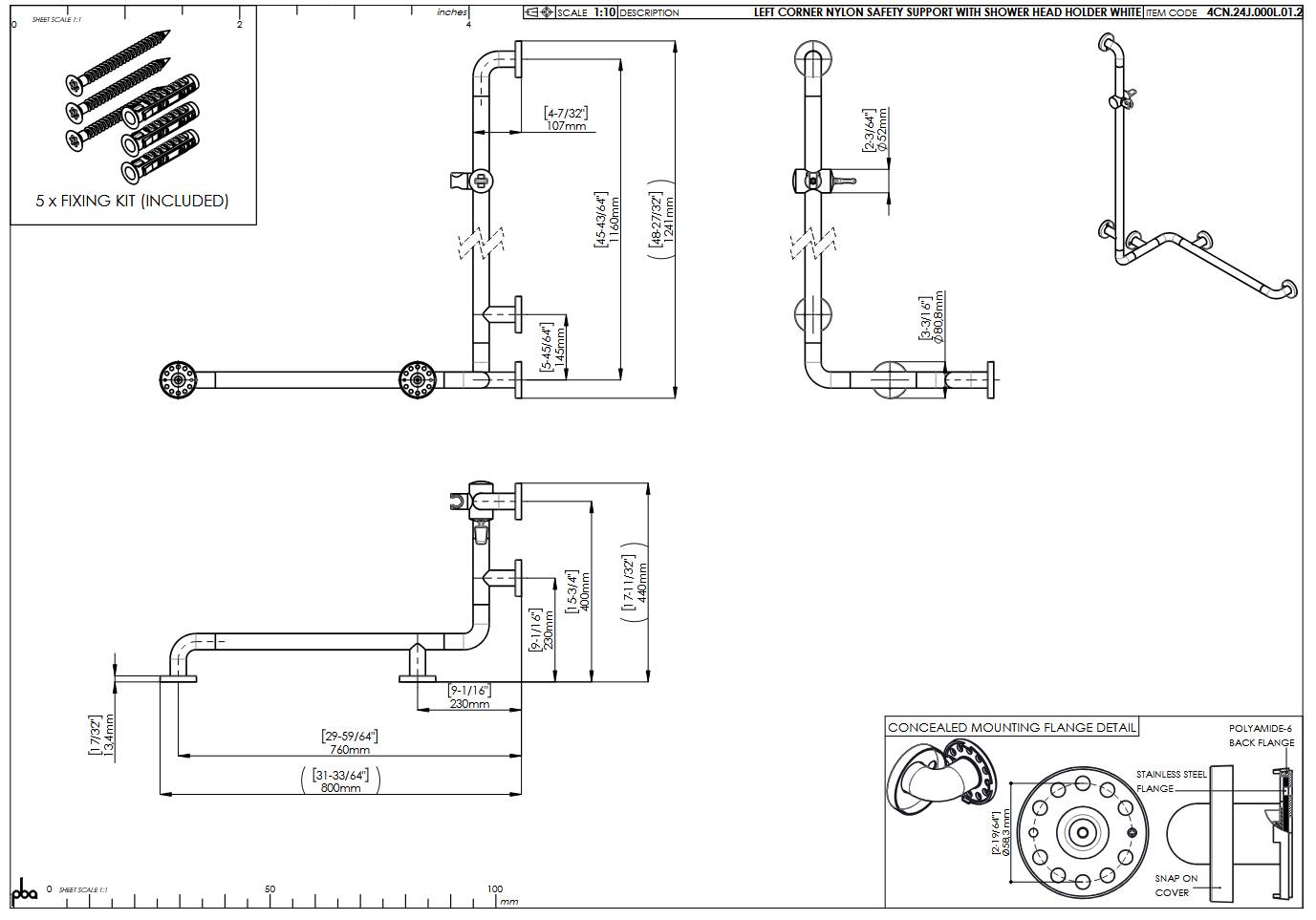 pba 01 Duschhandlauf, L BH 760x400x1160, und Brausehalterstange, aus Nylon