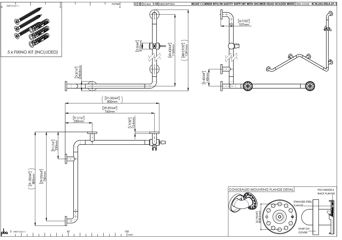 pba 01 Duschhandlauf, R BH 760x760x1160, und Brausehalterstange, aus Nylon