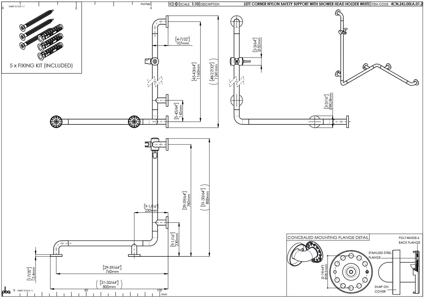 pba 01 Duschhandlauf, L BH 760x760x1160, und Brausehalterstange, aus Nylon