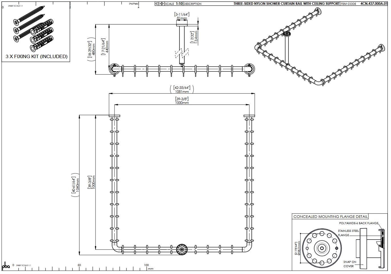 pba 01 Duschstange, 1000x1000x440 U-Form U- Form mit DA aus Nylon