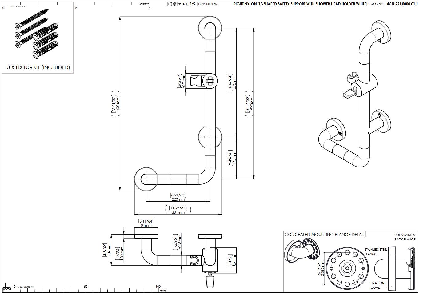 pba 01 Haltegriff mit BH R 220x520mm, L-Form, aus Nylon