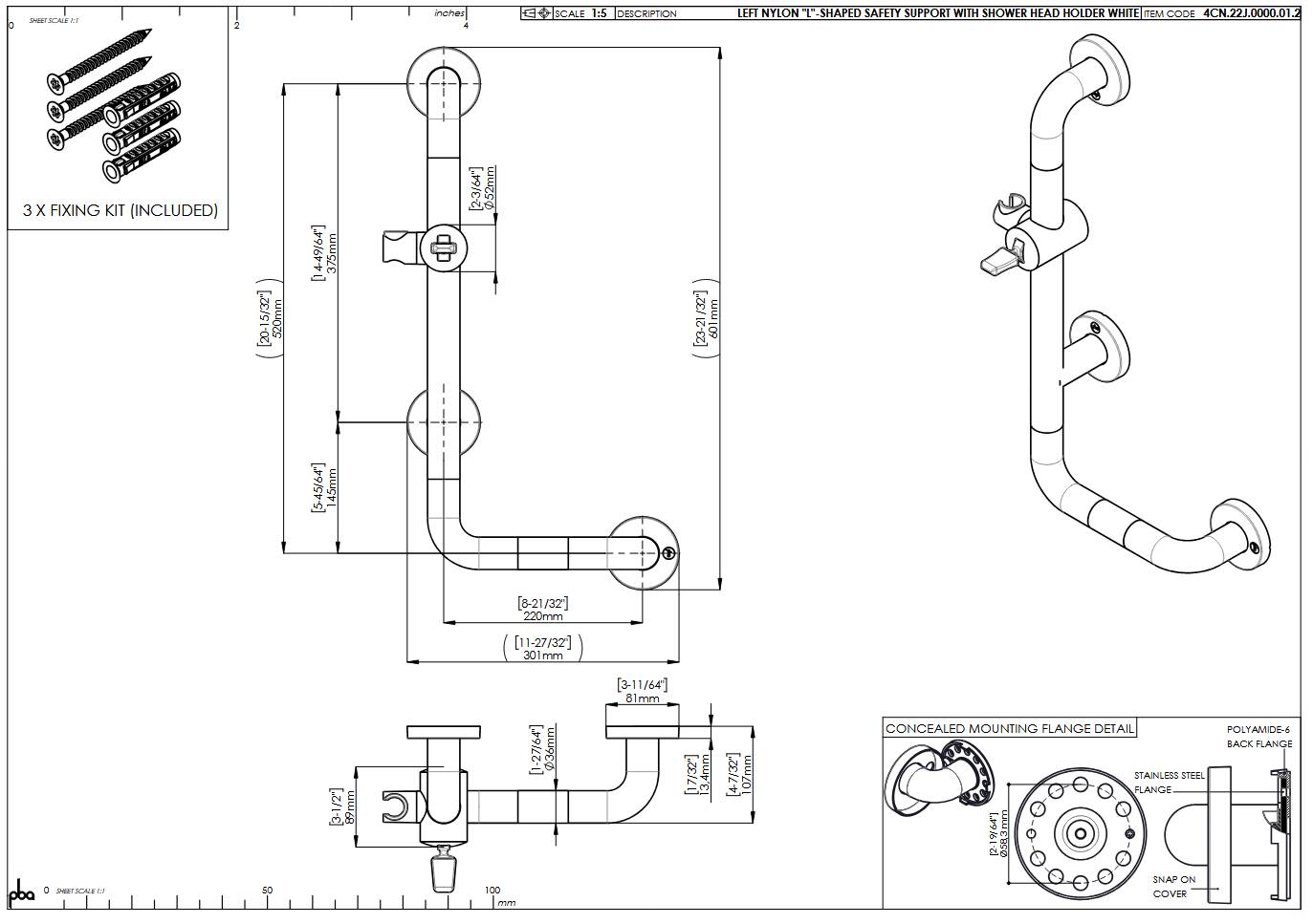 pba 01 Haltegriff mit BH L 220x520mm, L-Form, aus Nylon