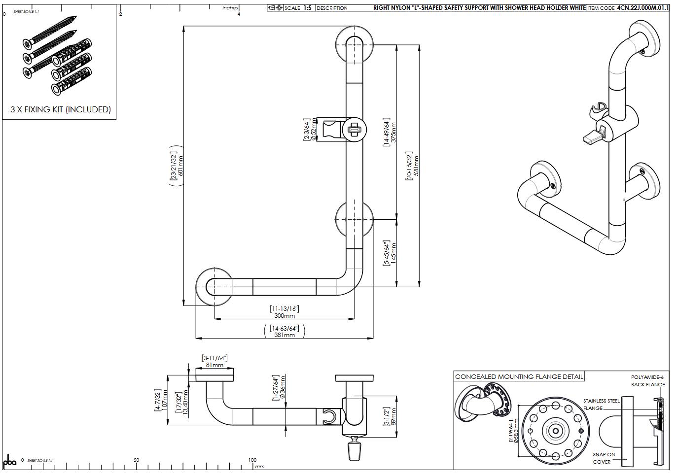 pba 01 Haltegriff mit BH R 300x520mm, L-Form, aus Nylon