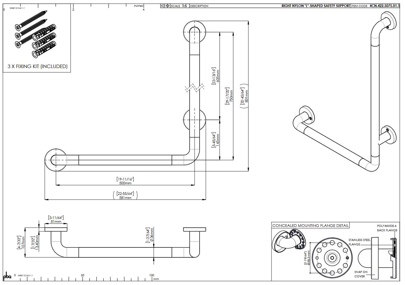 pba 01 Haltegriff rechts 500x750mm, L-Form, aus Nylon