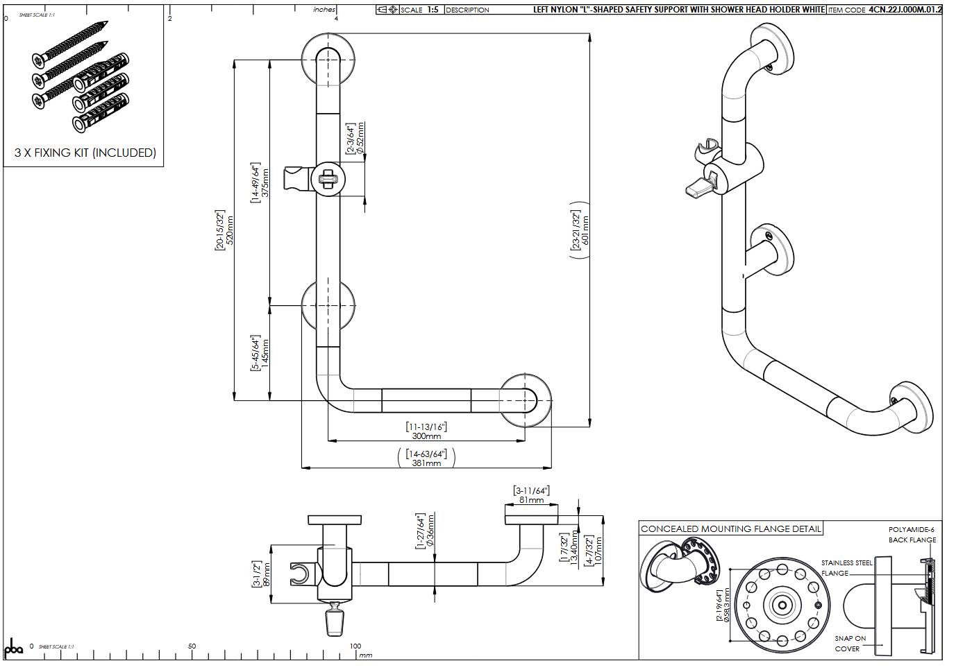 pba 01 Haltegriff mit BH L 300x520mm, L-Form, aus Nylon