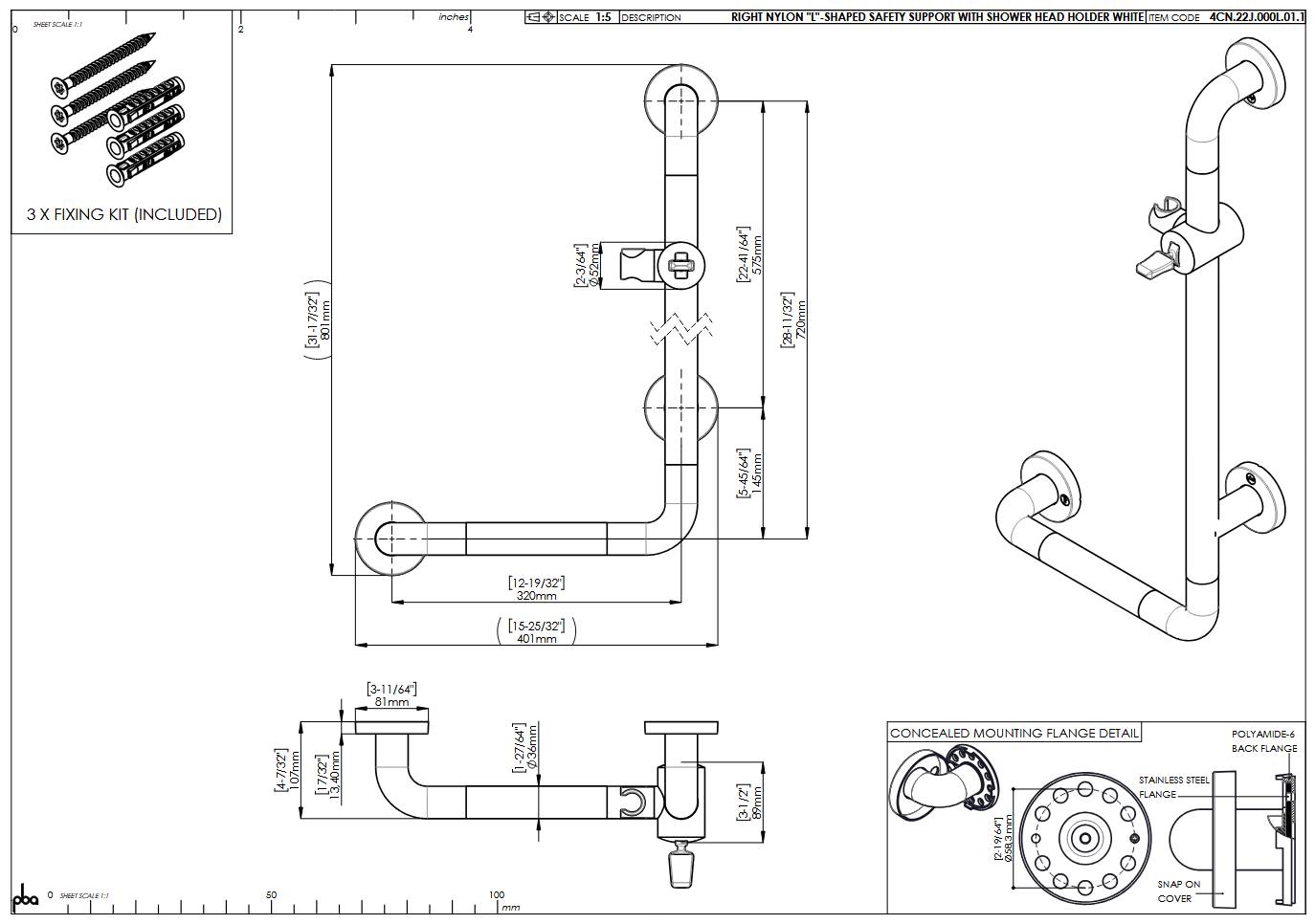 pba 01 Haltegriff mit BH R 320x720mm, L-Form, aus Nylon