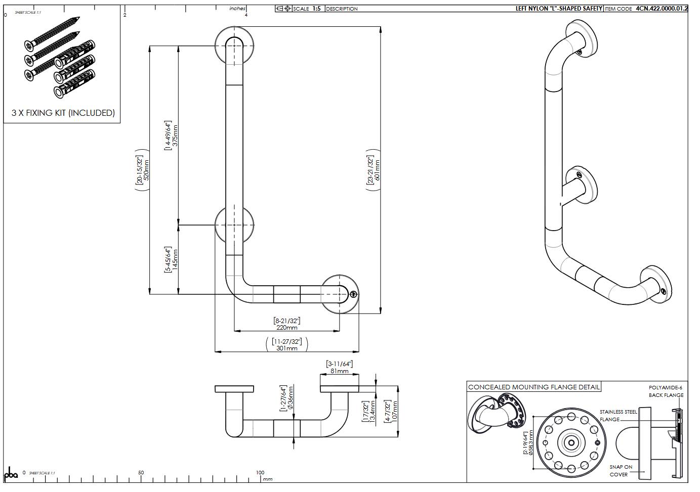 pba 01 Haltegriff mit BH L 400x1160mm, L-Form, aus Nylon