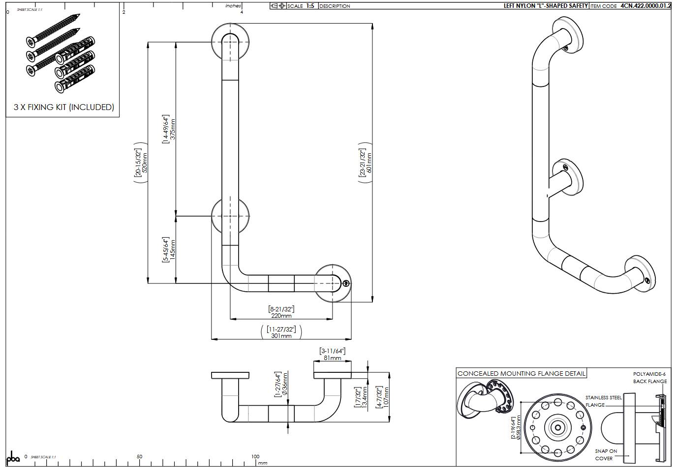 pba 01 Haltegriff mit BH L 500x750mm, L-Form, aus Nylon