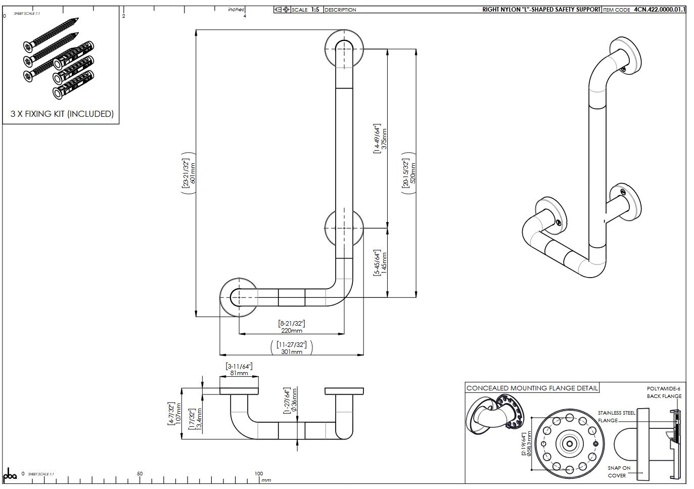 pba 01 Poignée de maintien avec PRH R 220x520mm, forme en L, en nylon