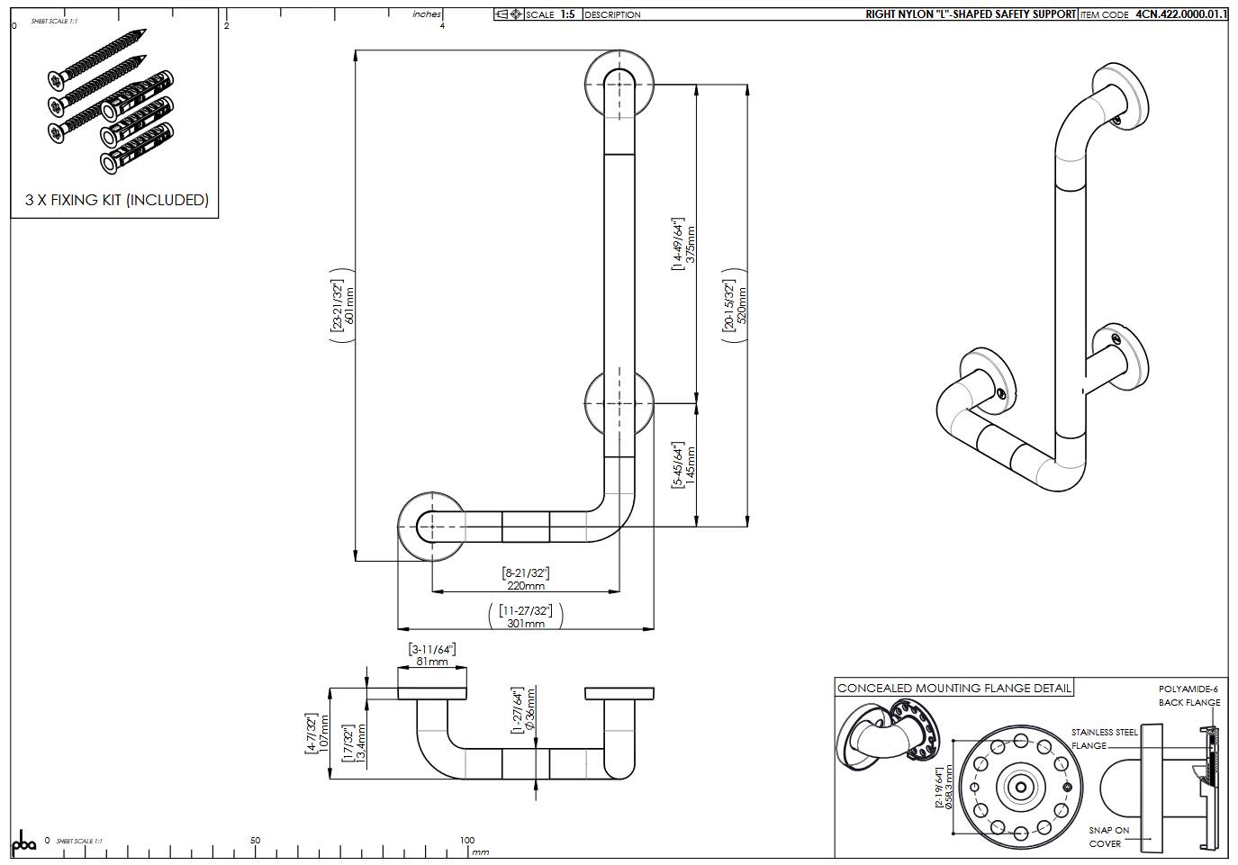 pba 01 Poignée de maintien avec PRH R 300x520mm, forme en L, en nylon